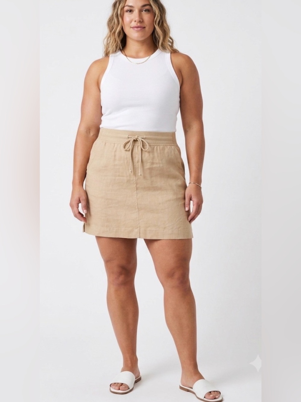 Athleta 100% Linen Khaki Mini Skirt Drawstring Stretch Waist Pockets  14 Tall‎